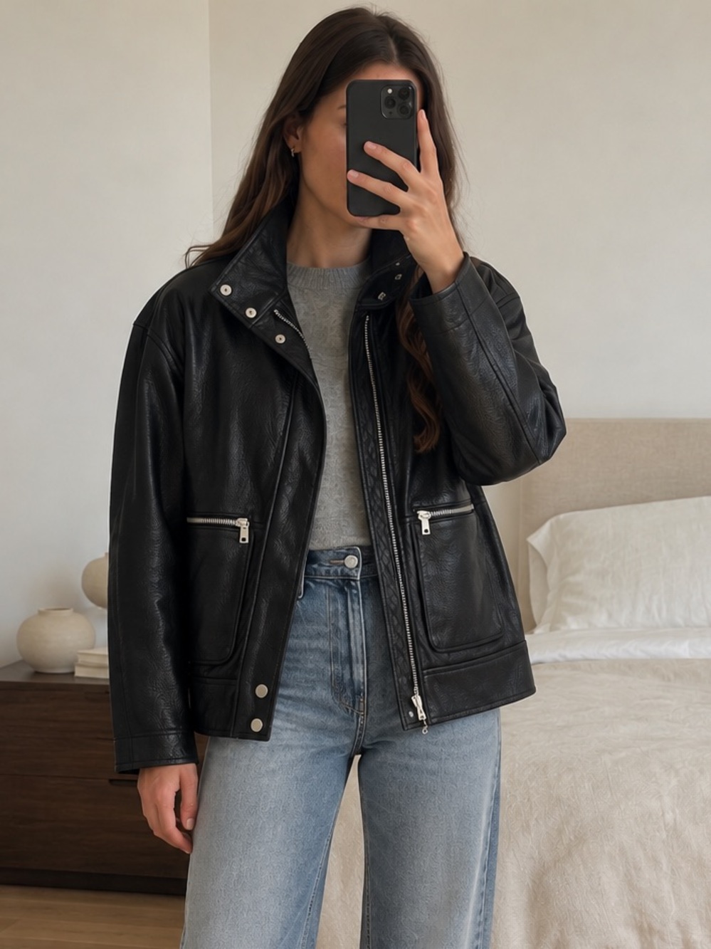 Avec Les Filles Black Faux Leather Moto Utility Jacket Silver Zip Pockets S NWT